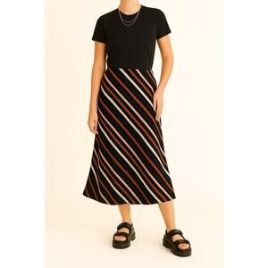 HALOGEN Stripe Pullon Midi Skirt | Size M | Flowy Silhouette | Preppy Office